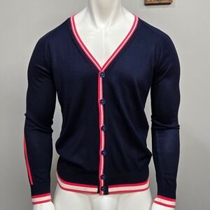 Mens Cardigan Sweater Large Retro Academia Y2K Varsity Stripe Preppy Lightweight